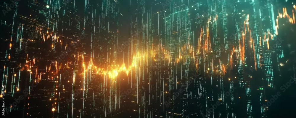Poster dynamic financial data visualization with glowing lines and particles