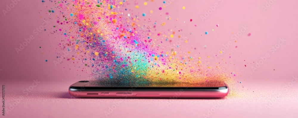 Poster encryption device footprint concept. smartphone emitting colorful particles against pink background