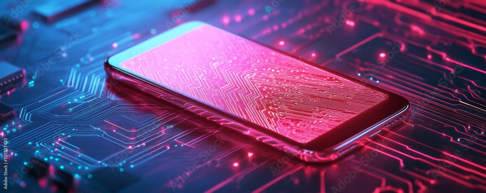 Poster encryption device footprint concept. futuristic smartphone on neon circuit board with glowing lines