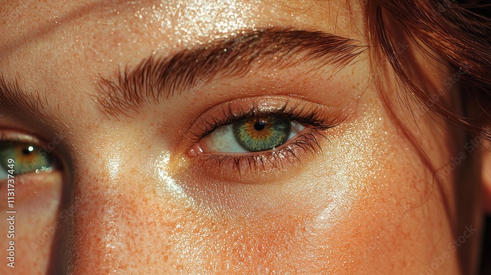 Aufkleber Eyes filled with vibrant hues and intricate patterns draw the viewer in, illuminated by soft, warm sunlight. Freckles adorn the skin, adding to the natural beauty captured in this moment