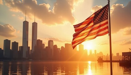 American flag waves gently at sunrise over New York City skyline. Twin Towers memorialized in background. Peaceful, hopeful image reflects on 911. Tribute to victims. Symbol of resilience. Sunrise