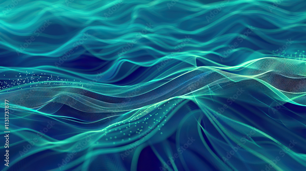 Poster abstract teal and blue waveform with illuminated points