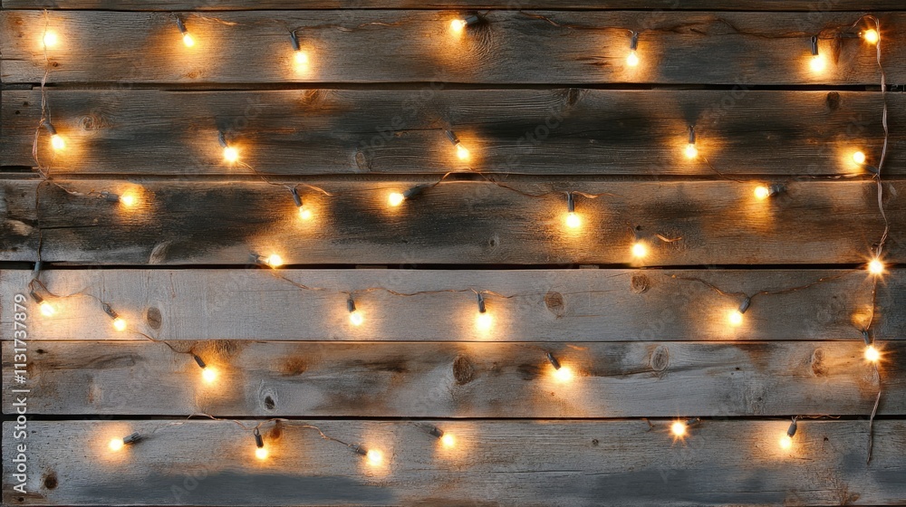 Aufkleber soft glow of warm string lights on rustic wooden background