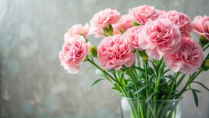 Soft pink carnations in a vase with lush green leaves and stems, pink carnations, blossom