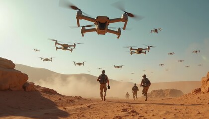 Military soldiers run in desert landscape. Futuristic drones fly above. Tech war scenario. Precise attack coordinated by tech. Future conflict. Military base. Aerial view.