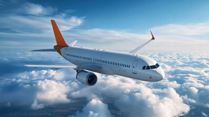 A commercial airplane flying above the clouds, with a blue sky in the background