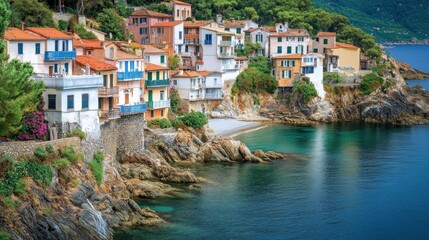 Fototapeta premium Picturesque coastal village nestled on a rocky hillside overlooking a calm turquoise bay.