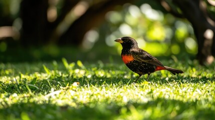 Brightly Colored Bird Walking on Fresh Green Grass in Natural Habitat