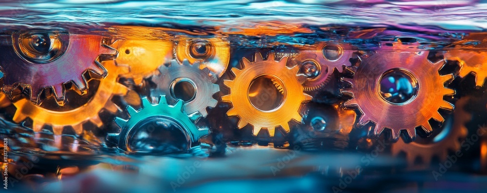 Poster gears illuminated by vibrant colors reflect in flowing water, creating dynamic scene