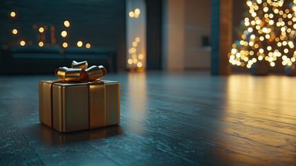 Fototapeta premium Golden Gift Box with Bows in Front of Christmas Tree Lights