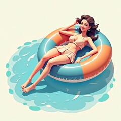 Obraz premium Woman relaxing on inflatable ring in water. Summertime vacation. Woman enjoys sun. Wears swimwear. Summer vacation scene. Chill relax time. Person on inflatable ring. Woman on inflatable ring.