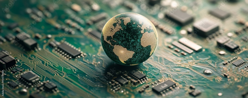 Aufkleber global warming concept. digital globe on circuit board representing technology and connectivity