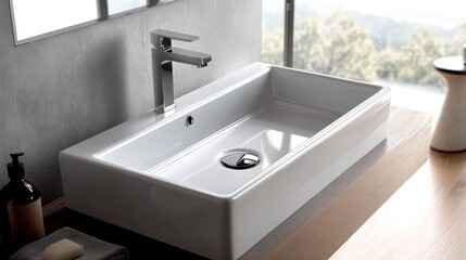 Fototapeta premium Modern Rectangular Bathroom Sink Setup in Bright Space