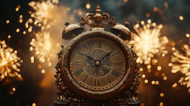 Antique gold clock striking midnight on New Years Eve with festive fireworks exploding in background. Time marks end of old year, beginning of new year. Elegant decorative clock captures special