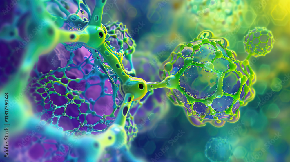 Poster digital rendering of interconnected molecular structures