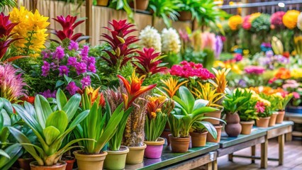 Fototapeta premium Bromeliads and orchids on a display stand at a busy flower market, bromeliads, tropical plants