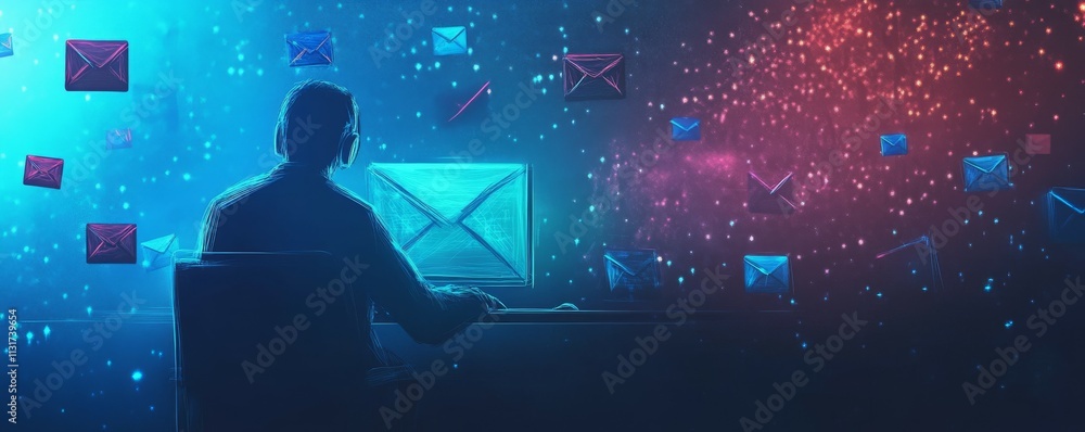 Poster hacker sending spam virus emails from a dark, hightech environment, spam virus hacking, cyber crimin