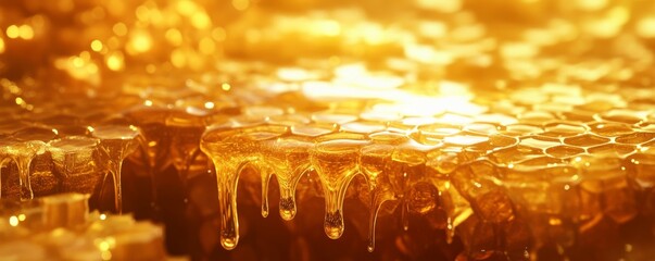 Golden honeycomb dripping with honey, detailed macro.