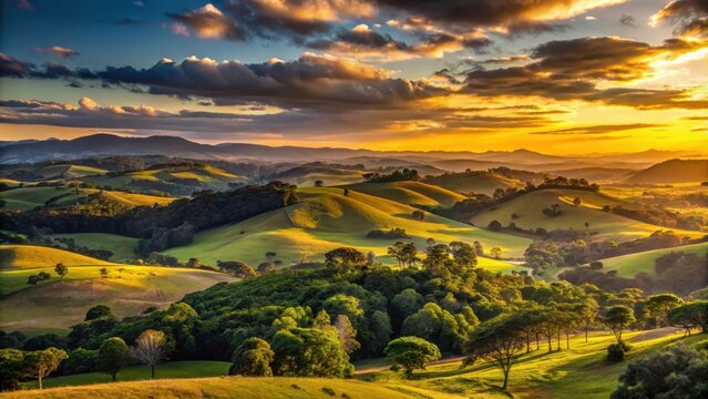 Botucatu landscape at sunset with hills and trees, botucatu, sao paulo, brazil, landscape, hill, tree, nature, rural, countryside