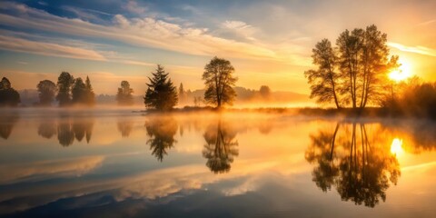 Obraz premium Foggy Sunrise Over a Still Lake with Silhouetted Trees