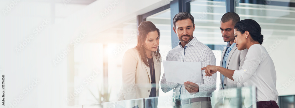 Aufkleber banner, business people and paperwork for feedback, collaboration and advice as discussion in office