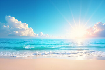 Fototapeta premium A serene beach scene with gentle waves lapping at the shore, under a bright blue sky dotted with fluffy clouds and a radiant sun.