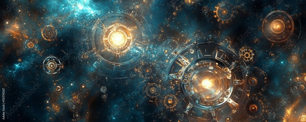 Poster keyholeshaped portal with interlocking cosmic gears, blending mechanical elements with a galaxy back