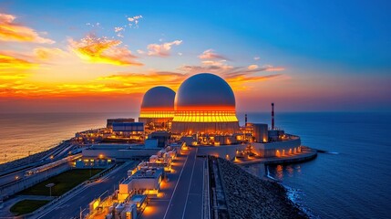 Modern nuclear power plant at sunset, featuring large cooling domes and a scenic coastal view with vibrant colors in the sky.