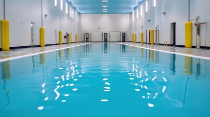 Obraz premium A bright indoor swimming pool with clear blue water, surrounded by yellow safety poles and well-lit walls.