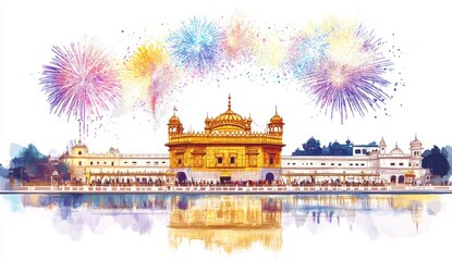Golden Temple Amritsar, India, fireworks reflection.