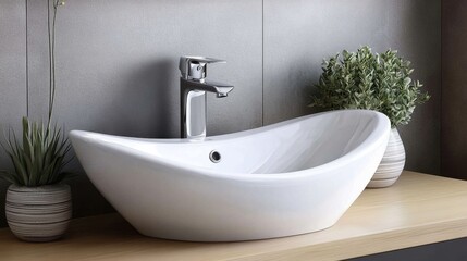 Fototapeta premium Elegant White Ceramic Sink with Brushed Nickel Faucet