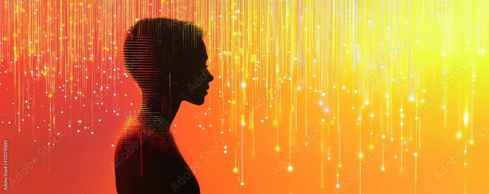 Poster insurtech concept. digital silhouette with vibrant data streams in background
