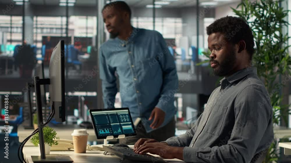 Poster black coworkers collaborating on investment strategy with data on files, ceo and assistant with exte