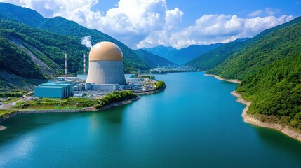 Nuclear power plant situated beside a serene river, surrounded by lush mountains under a clear blue sky.