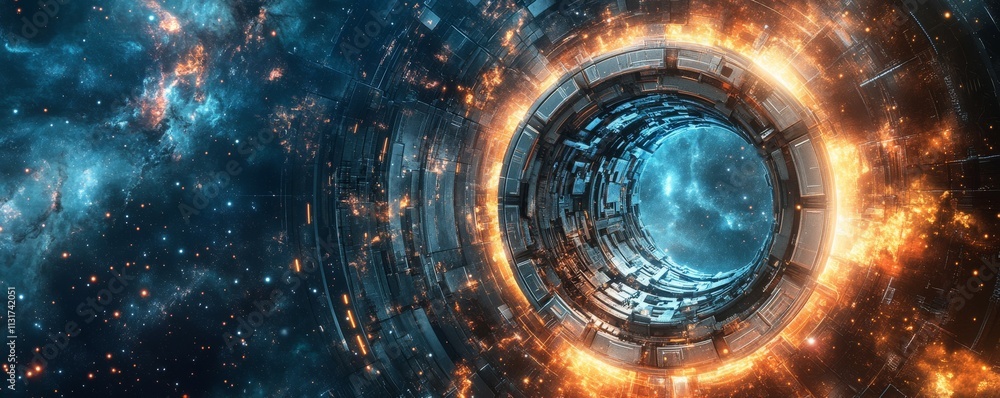 Poster keyholeshaped portal with interlocking cosmic gears, blending mechanical elements with a galaxy back