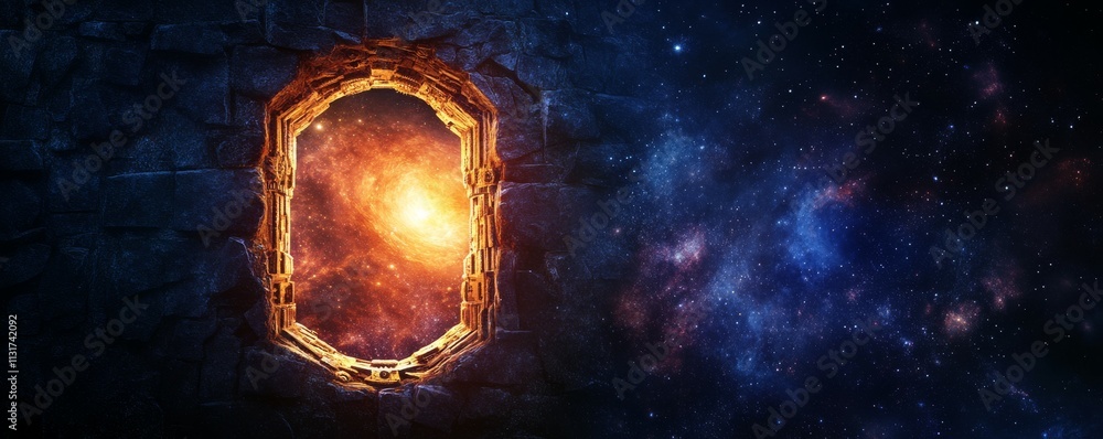 Poster keyholeshaped portal with interlocking cosmic gears, blending mechanical elements with a galaxy back