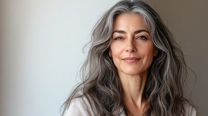Naklejka premium Graceful woman with long gray hair and serene expression indoors