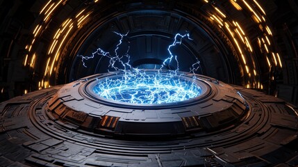 Obraz premium Futuristic portal with electric energy arcs, set in a high-tech environment, showcasing a blend of technology and science fiction aesthetics.