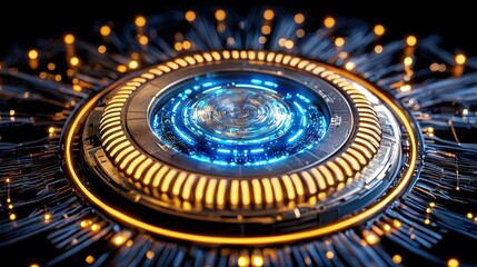 Fototapeta premium A futuristic, glowing circular interface with intricate details and vibrant lights, evoking technology and innovation.