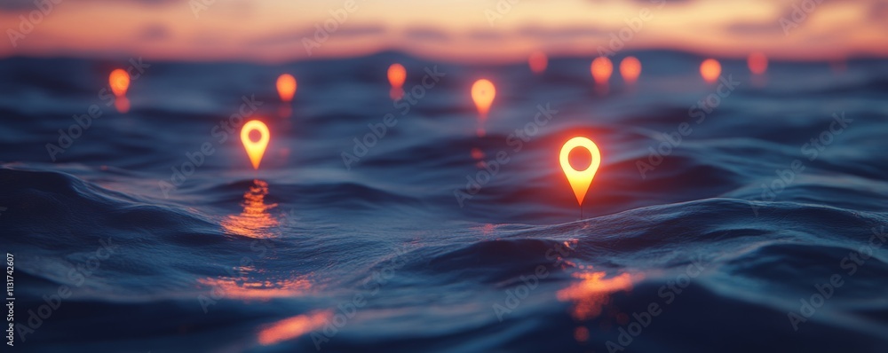 Poster location markers floating on soft waves of light create serene atmosphere