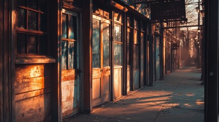 Fototapeta premium Empty, sun-drenched alleyway lined with weathered, aged shopfronts.