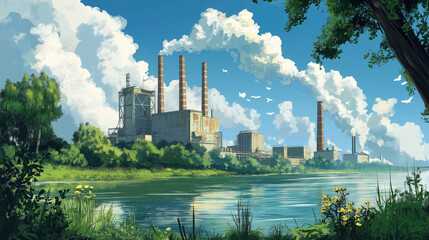 Obraz premium Modern Factory by the River: A Symbol of Industrial Progress and Sustainability with Smokestacks and Greenery