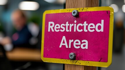 A bright pink 'Restricted Area' sign in an office setting conveying a sense of authority and safety.