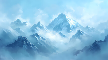 Obraz premium A majestic mountain range shrouded in fog, with a bright blue sky in the background the snow-capped peaks of the mountains are visible, and the fog creates a myste. Myst. Illustration