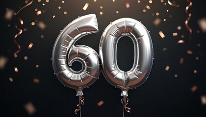 Silver balloons number 60. Celebratory event. Anniversary or birthday party. Confetti and ribbons. Elegant and festive. Perfect for celebrating a milestone. Modern and sophisticated visual.