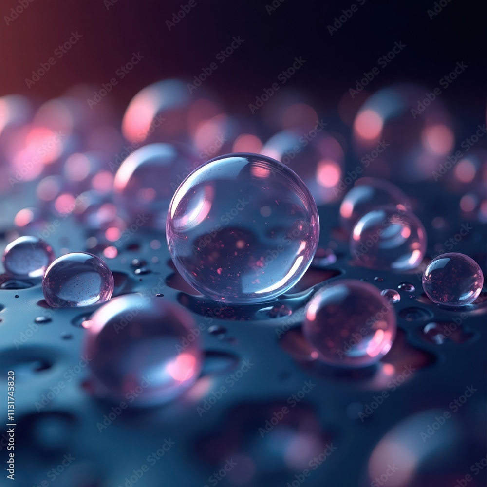Fototapete abstract 3d spheres with various sizes in soft shades of pink, blue. seem to float on dark surface. 