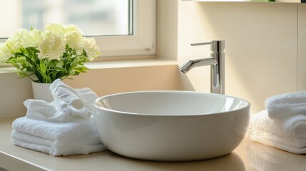 Fototapeta premium Stylish Round White Sink with Mixer Tap