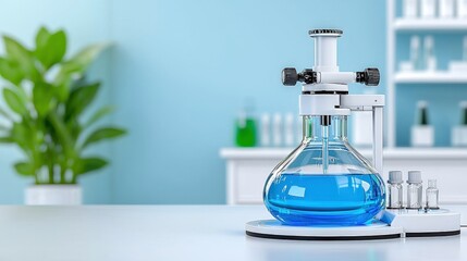 Laboratory setup featuring a blue liquid in a flask, surrounded by greenery and shelves with various containers in a bright environment.