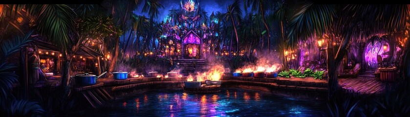 Obraz premium A vibrant, mystical scene depicting a lively, illuminated gathering by a water body at night.