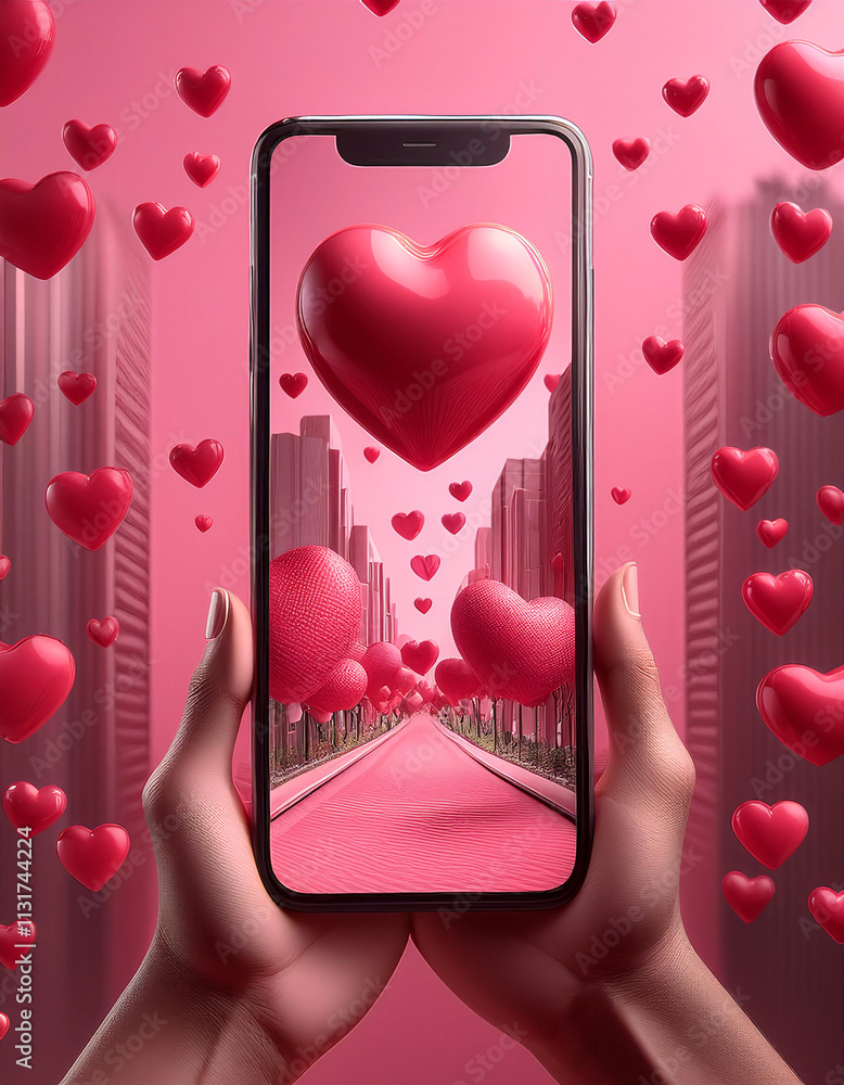 Poster a hand holding a smartphone displaying a romantic cityscape with heart-shaped trees and floating hea